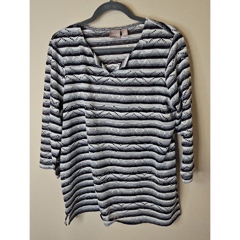 Chicos 2 Top L / 12 Open Knit Tunic Cover Up French Girl Beach Layer Coastal
